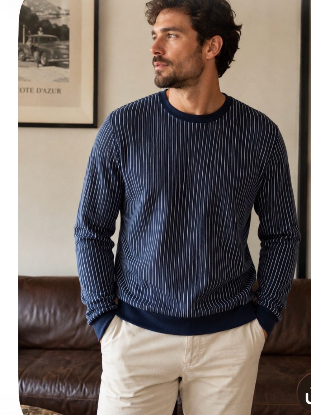 Saks Fifth Avenue Navy Pinstripe Crewneck Sweater. 100% cotton.